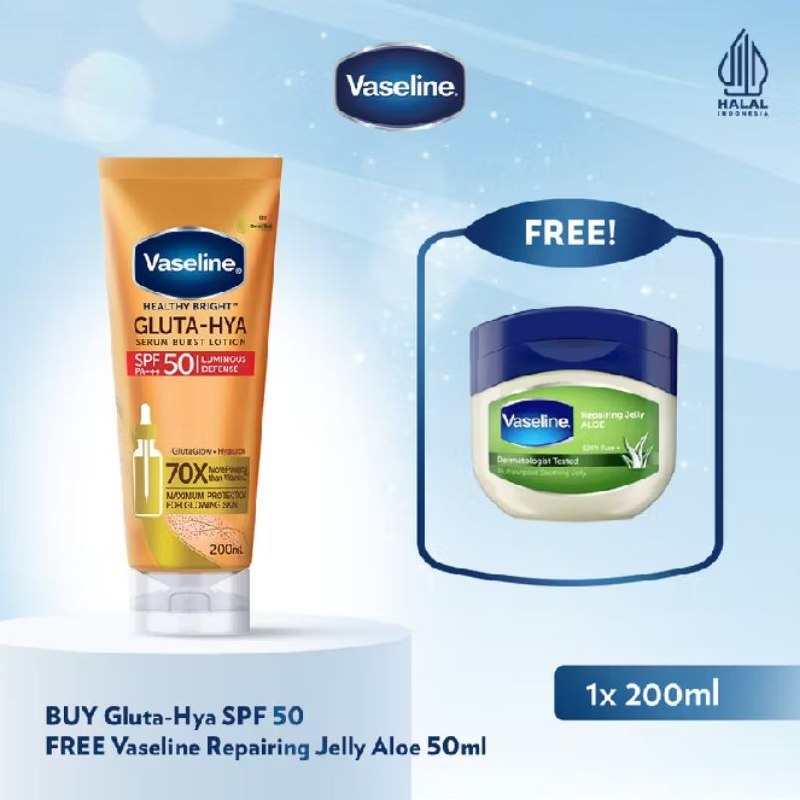 BUY 1 GET 1 Vaseline Gluta Hya SPF 50 200ml FREE Vaseline Repairing Jelly Aloe 50ml