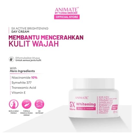 [1 PCS] Animate 5x Active Whitening Day Cream Shade 01 Light 10 Gr - Day Cream Animate - Krim Wajah Tone Up Whitening HALAL dan
