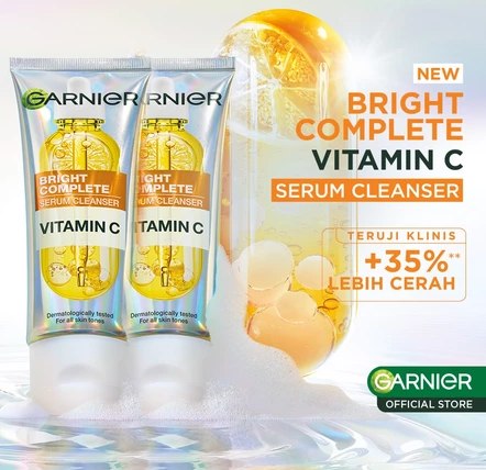 GARNIER Facial Wash Bright Complete Vitamin C Serum Cleanser 100ml Paket Skincare Pembersih Wajah Mencerahkan Seperti Serum